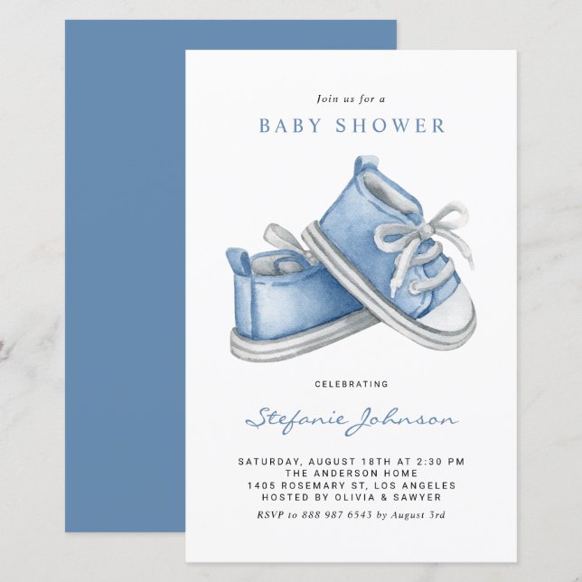 Lámina Blue Baby Shoes It's a Boy Baby Shower Invitation (Anverso / Reverso)