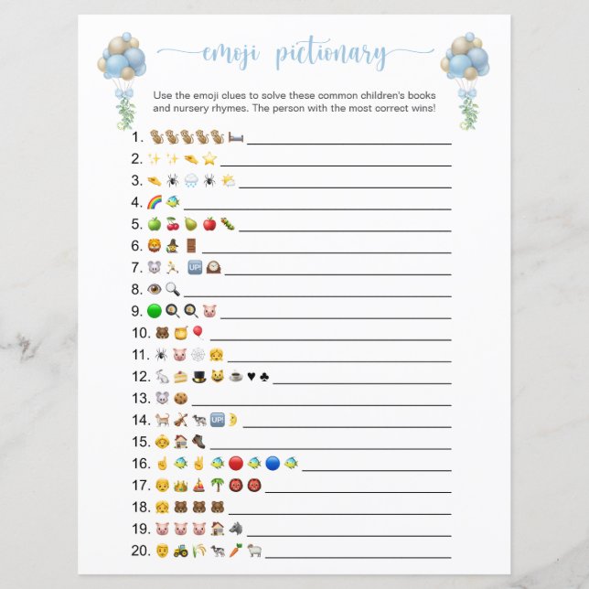 Lámina Blue Balloons Emoji Books Baby Shower Game (Anverso)