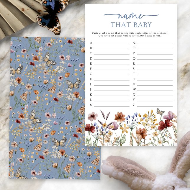 Lámina Blue Boho Nombre Ese Juego Del Bebé (Dusty Blue Boho Floral Name That Baby Game Card with Butterfly by Painted Paperie
)