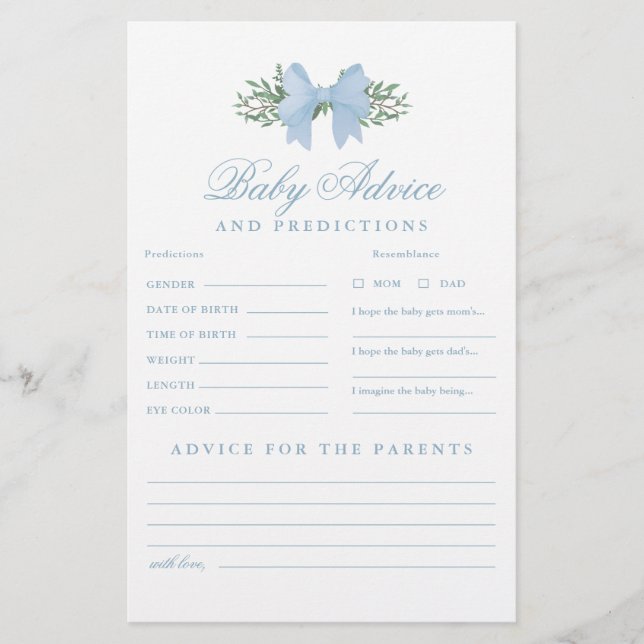 Lámina Blue Bow Baby Advance y Predictions Shower Game (Anverso)