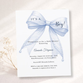 Lámina Blue bow elegant pearls boy Baby Shower invitation