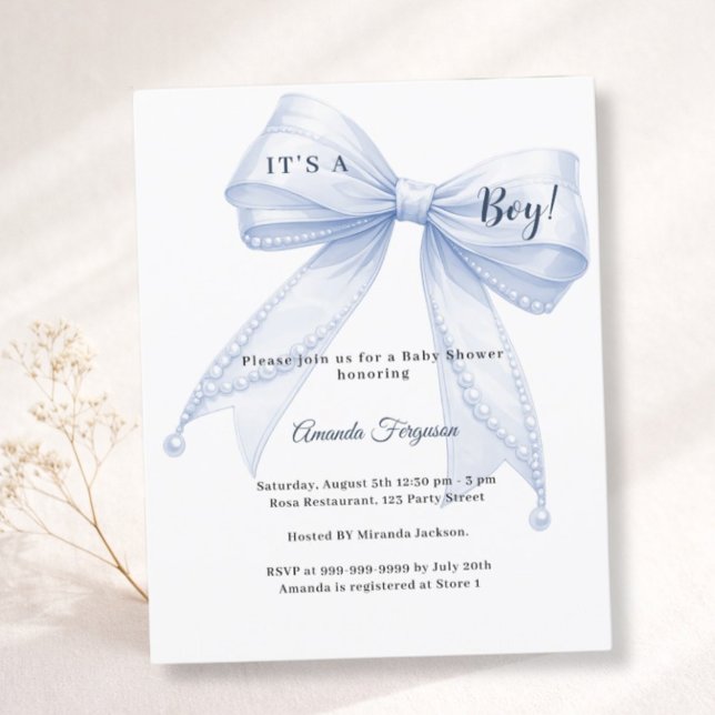 Lámina Blue bow elegant pearls boy Baby Shower invitation (Subido por el creador)