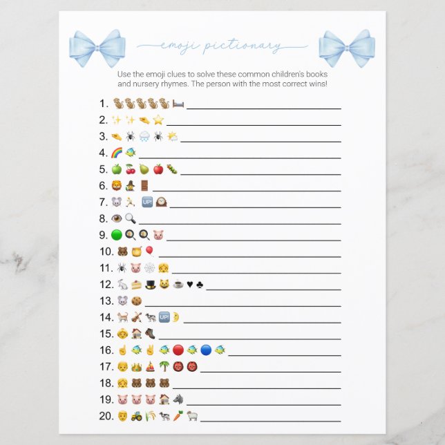 Lámina Blue Bow Emoji moderna Books Juego de Baby Shower (Anverso)