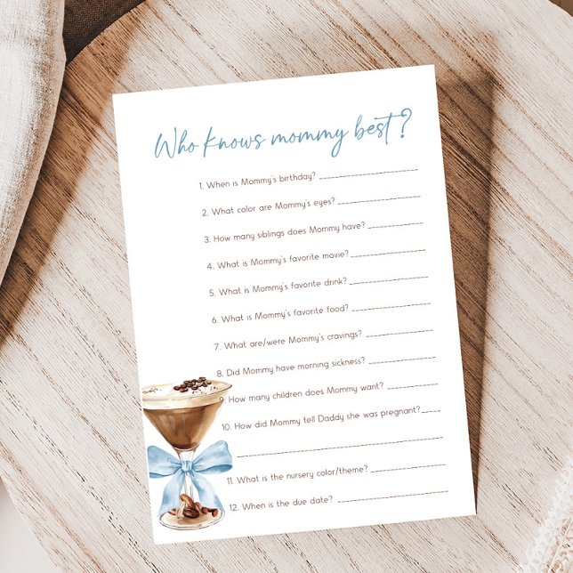 Lámina Blue Bow Espresso Martini Quién Sabe Juego de Mamá (Espresso Baby Shower Game)
