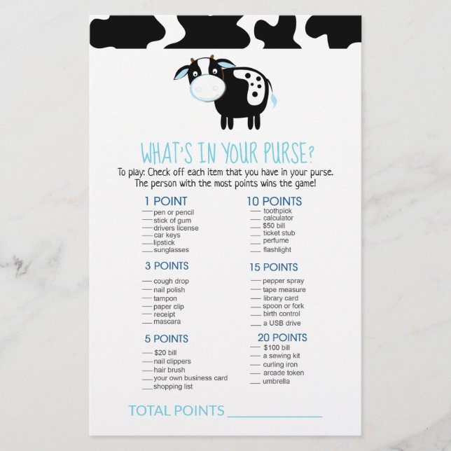 Lámina Blue Dairy Cow ¿Qué hay en tu juego de bolso? (Anverso)