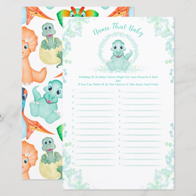 Lámina Blue Dinosaur Baby Shower Baby Name Race Game (Anverso / Reverso)
