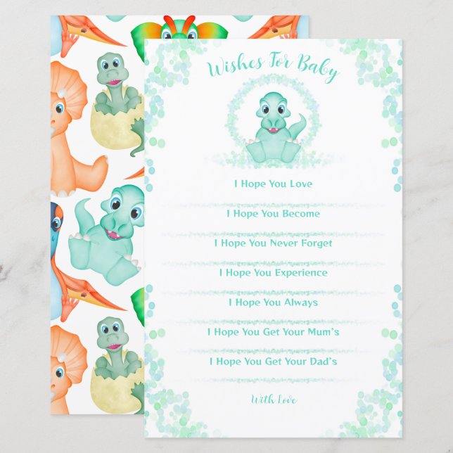 Lámina Blue Dinosaur Juego De Baby Shower Desea Un Bebé (Anverso / Reverso)
