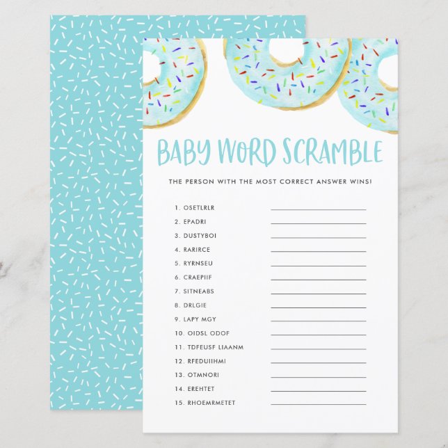 Lámina Blue Donuts Baby Word Scramble Juego de Baby Showe (Anverso / Reverso)