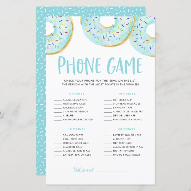 Lámina Blue Donuts What's On Your Phone Baby Shower Game (Anverso / Reverso)