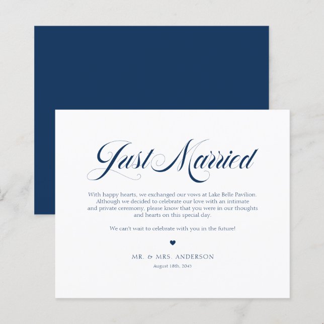 Lámina Blue Elegance audaz Calligraphy Just Married Card (Anverso / Reverso)