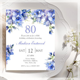Lámina Blue Floral 80th Birthday Budget Invitation