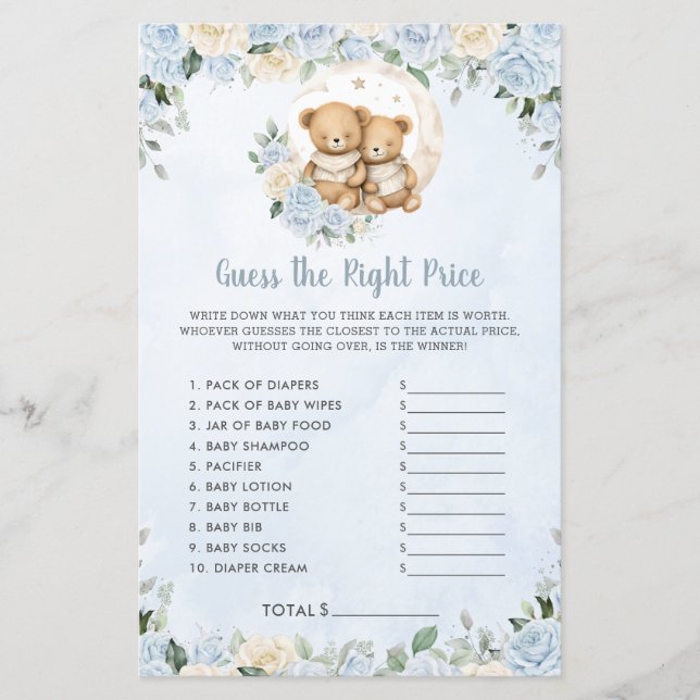 Lámina Blue Floral Baby Bears Twins Adivina El Juego De P (Anverso)