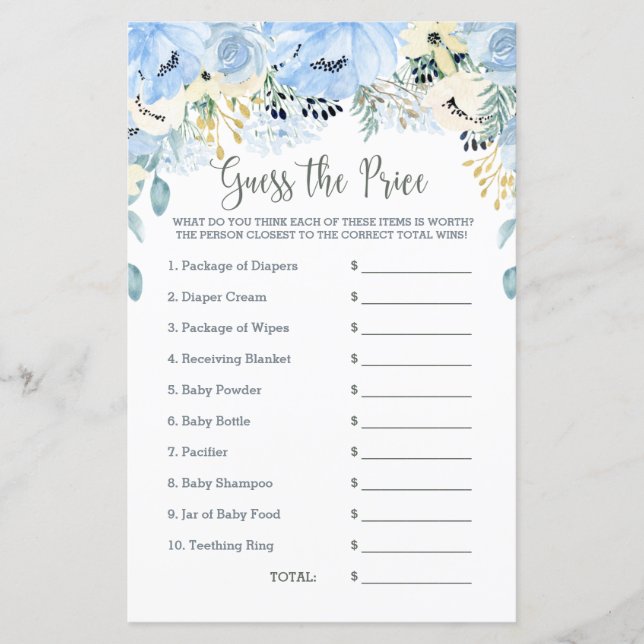 Lámina Blue Floral Baby Shower Game Adivina el precio (Anverso)