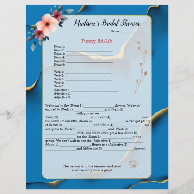 Lámina Blue Floral Bridal Shower Icebreaker 💕 5 Word Div (Reverso)