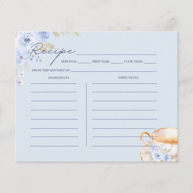 Lámina Blue Floral Bridal Shower Recipe Card  (Anverso)