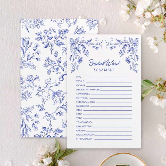 Lámina Blue Floral Bridal Shower Word Game (Something Blue Bridal Word Scramble Game Card)