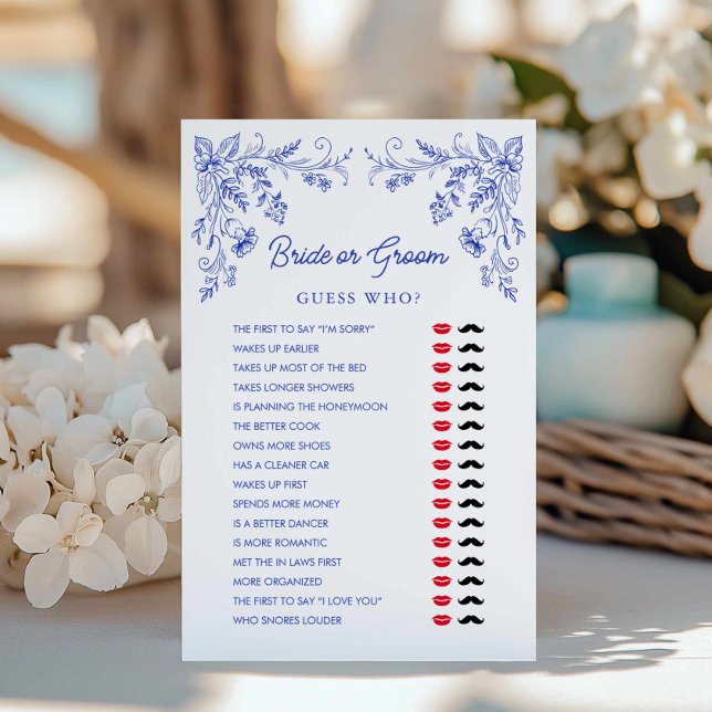 Lámina Blue Floral Bride o Groom Bridal Shower Game (Blue Floral Bride or Groom Game Card)