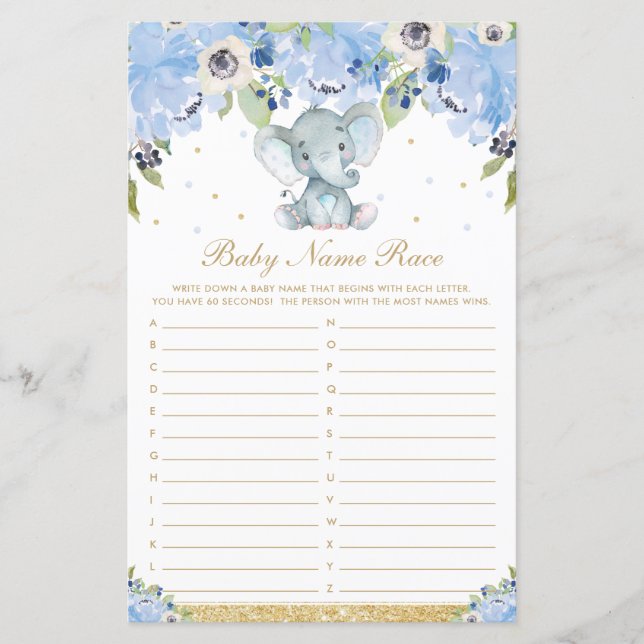 Lámina Blue Floral Cute Elephant Baby Name Race Game (Anverso)