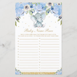 Lámina Blue Floral Cute Elephant Baby Name Race Game