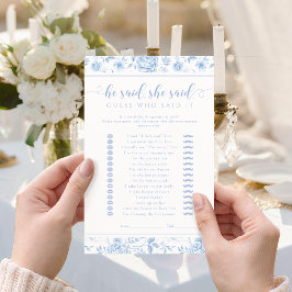 Lámina Blue Floral He said She said Bridal Shower Game