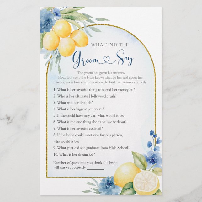 Lámina Blue Floral Lemon Main Squeeze Lo Que Groom Dice (Anverso)