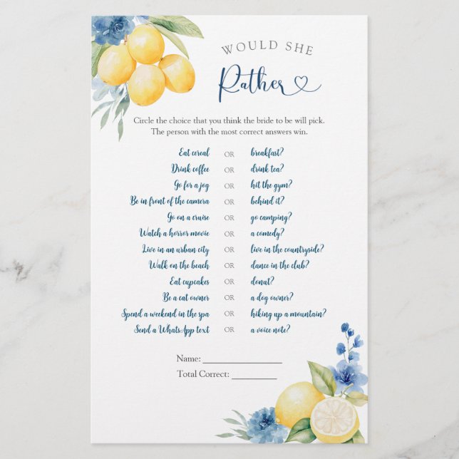 Lámina Blue Floral Lemon Main Squeeze Preferiría (Anverso)