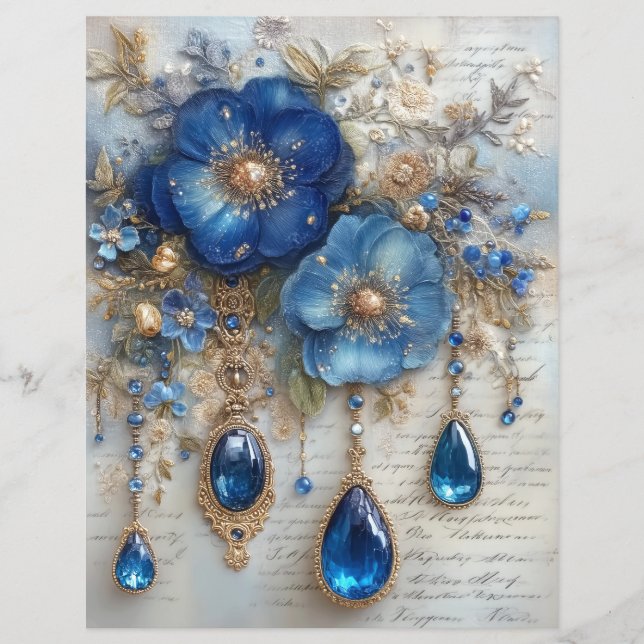 Lámina Blue Flower Gems Junk Journal Scrapbook Paper (Anverso)