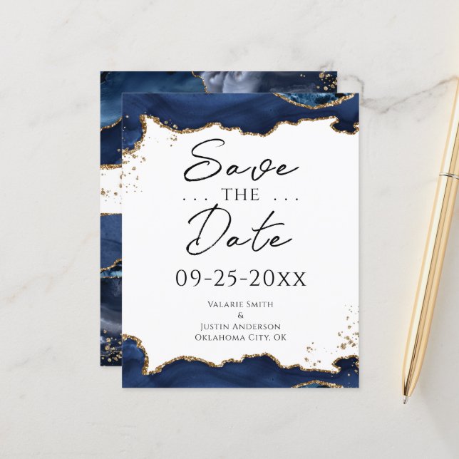 Lámina Blue Gold Glitter Agate Save the Date (Anverso/Reverso In Situ)