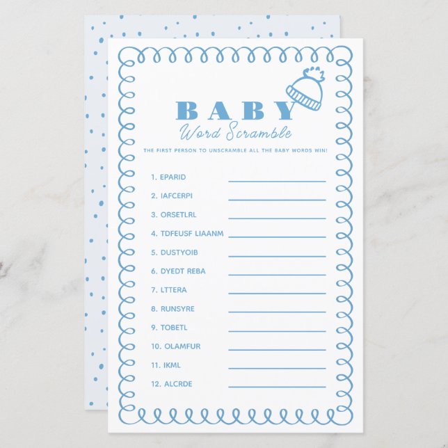 Lámina Blue Hand-Drawn Beanie Boy Baby Word Scramble (Anverso / Reverso)