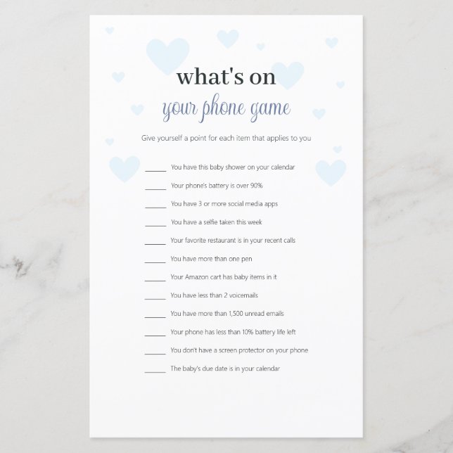 Lámina Blue Hearts What's on Your Phone Baby Shower Game (Anverso)