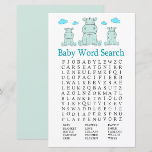 Lámina Blue Hippo Baby Shower Word Search Game