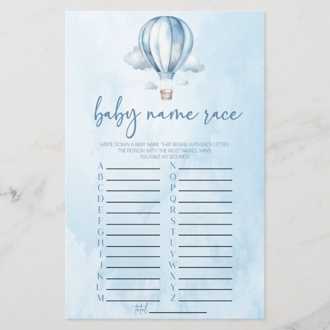 Lámina Blue Hot Air Balloon Name Race Baby Shower Game (Anverso)
