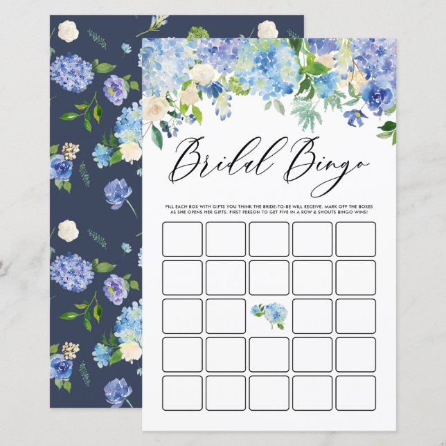 Lámina Blue Hydrangea Bridal Shower Bingo Game Card (Anverso / Reverso)