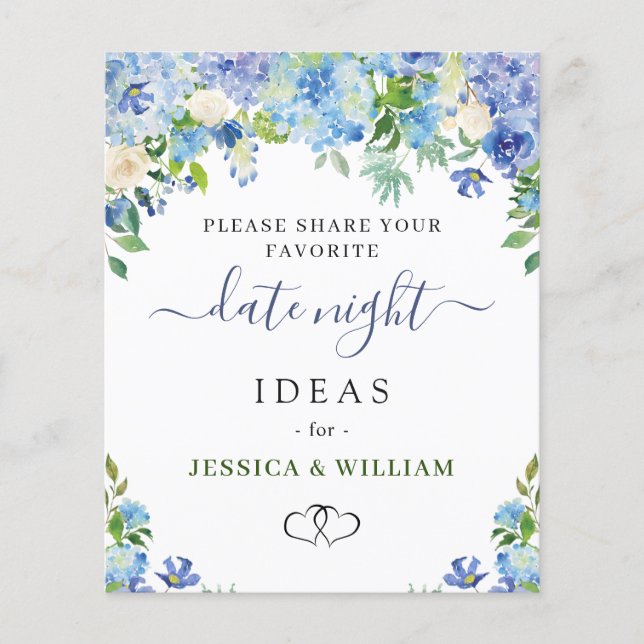 Lámina Blue Hydrangea Bridal Shower Date Night Idea Card (Anverso)