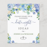 Lámina Blue Hydrangea Bridal Shower Date Night Idea Card<br><div class="desc">Blue Hydrangea Bridal Shower Date Night Idea Card. Para una mayor personalización,  haga clic en el enlace "personalizar adicional". Si necesitas ayuda,  ponte en contacto conmigo,  por favor.</div>