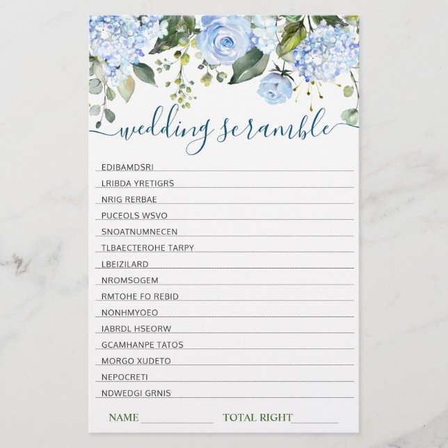 Lámina Blue Hydrangea Bridal Shower Scramble Game (Anverso)