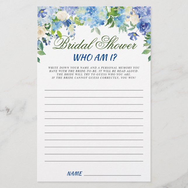 Lámina Blue Hydrangea Floral Bridal Shower Game (Anverso)