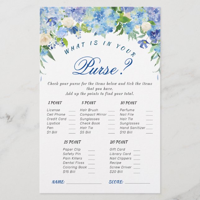 Lámina Blue Hydrangea Floral Bridal Shower Game (Anverso)