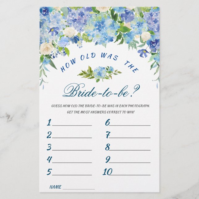 Lámina Blue Hydrangea Floral Bridal Shower Game (Anverso)