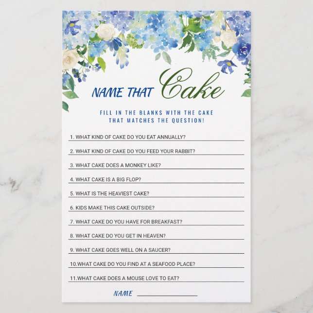 Lámina Blue Hydrangea Floral Bridal Shower Game (Anverso)