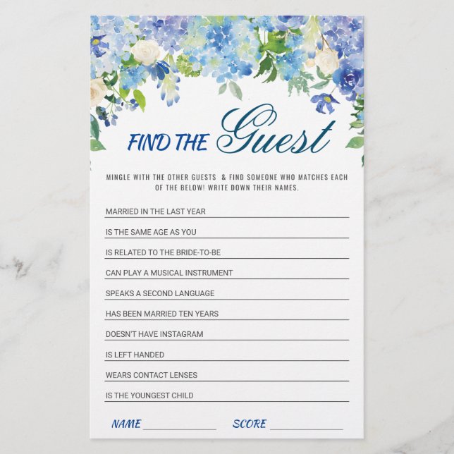 Lámina Blue Hydrangea Floral Bridal Shower Game (Anverso)
