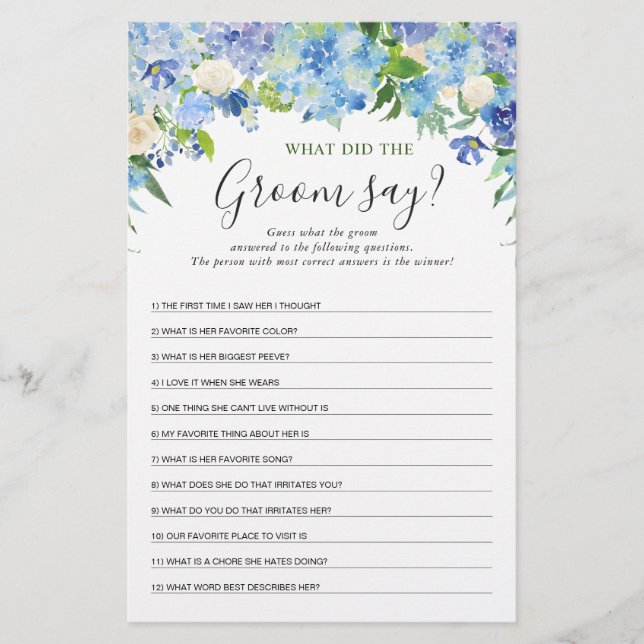 Lámina Blue Hydrangea Floral Bridal Shower Game (Anverso)