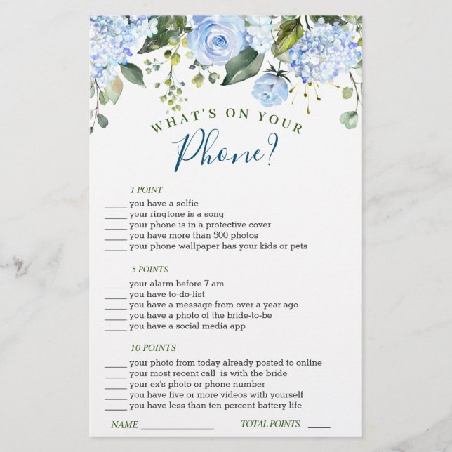 Lámina Blue Hydrangea Greenery Bridal Shower Game (Anverso)