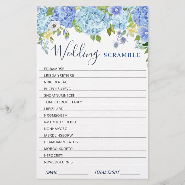 Lámina Blue Hydrangea Greenery Bridal Shower Game (Anverso)