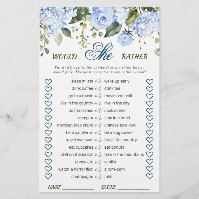 Lámina Blue Hydrangea Greenery Bridal Shower Game (Anverso)
