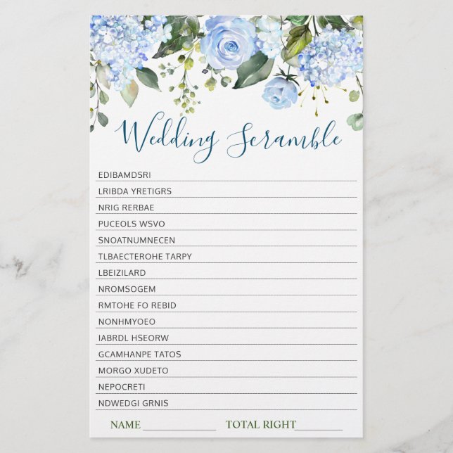 Lámina Blue Hydrangea Greenery Bridal Shower Game (Anverso)