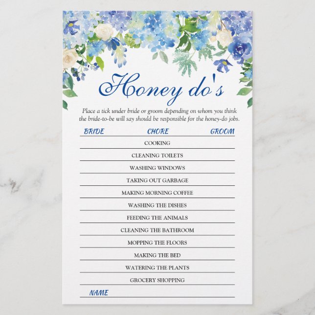 Lámina Blue Hydrangea Greenery Bridal Shower Game (Anverso)