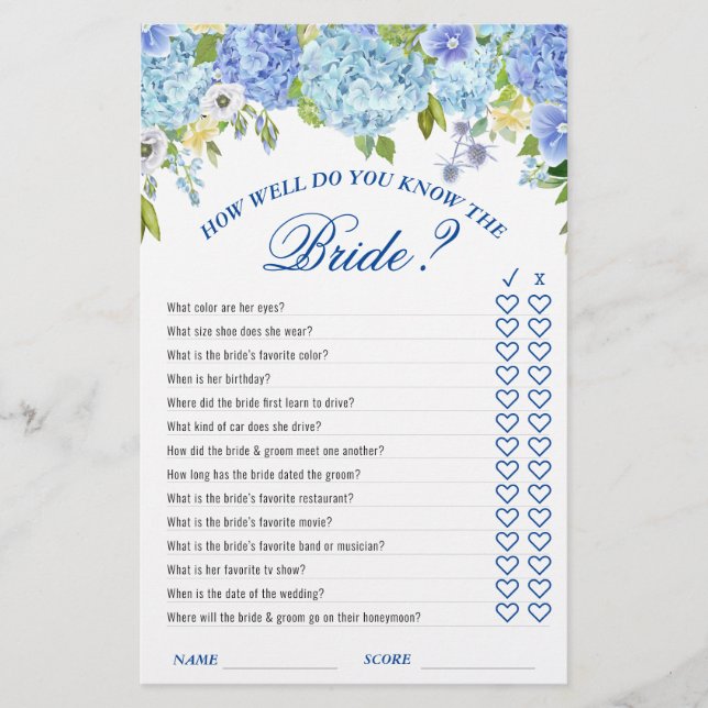 Lámina Blue Hydrangea Greenery Bridal Shower Game (Anverso)