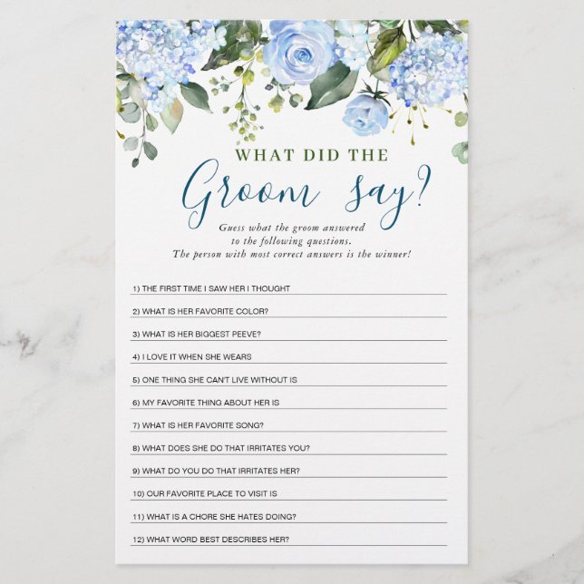 Lámina Blue Hydrangea Greenery Bridal Shower Game (Anverso)