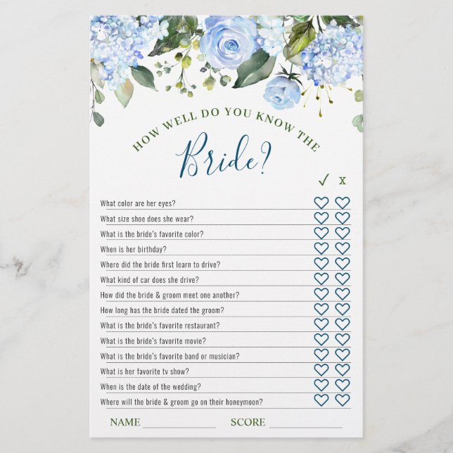 Lámina Blue Hydrangea Greenery Bridal Shower Game (Anverso)